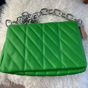 Quilted Green Shoulder Bag with Chunky Silver Chain